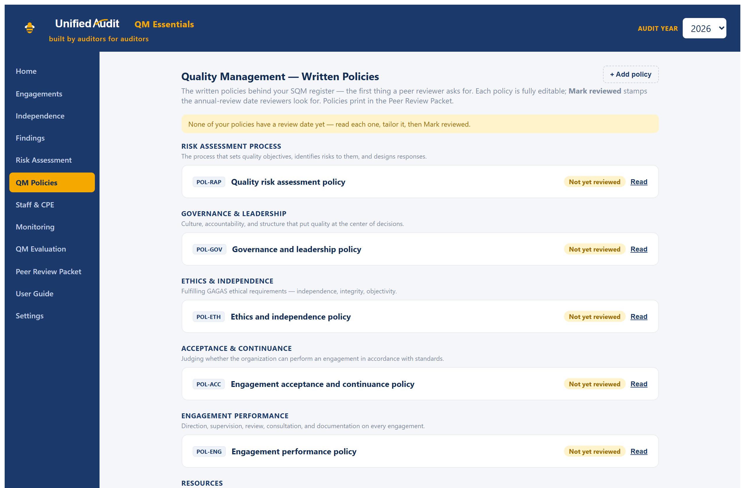 Written QM policies screen — eight pre-written, editable quality-management policies, one per SQM component